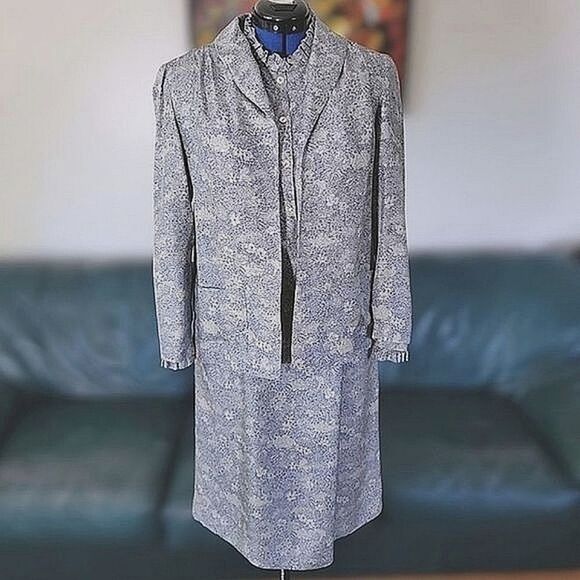 Vtg 60s blue & pale grey floral print dress & blazer co ord set - Picture 2 of 15